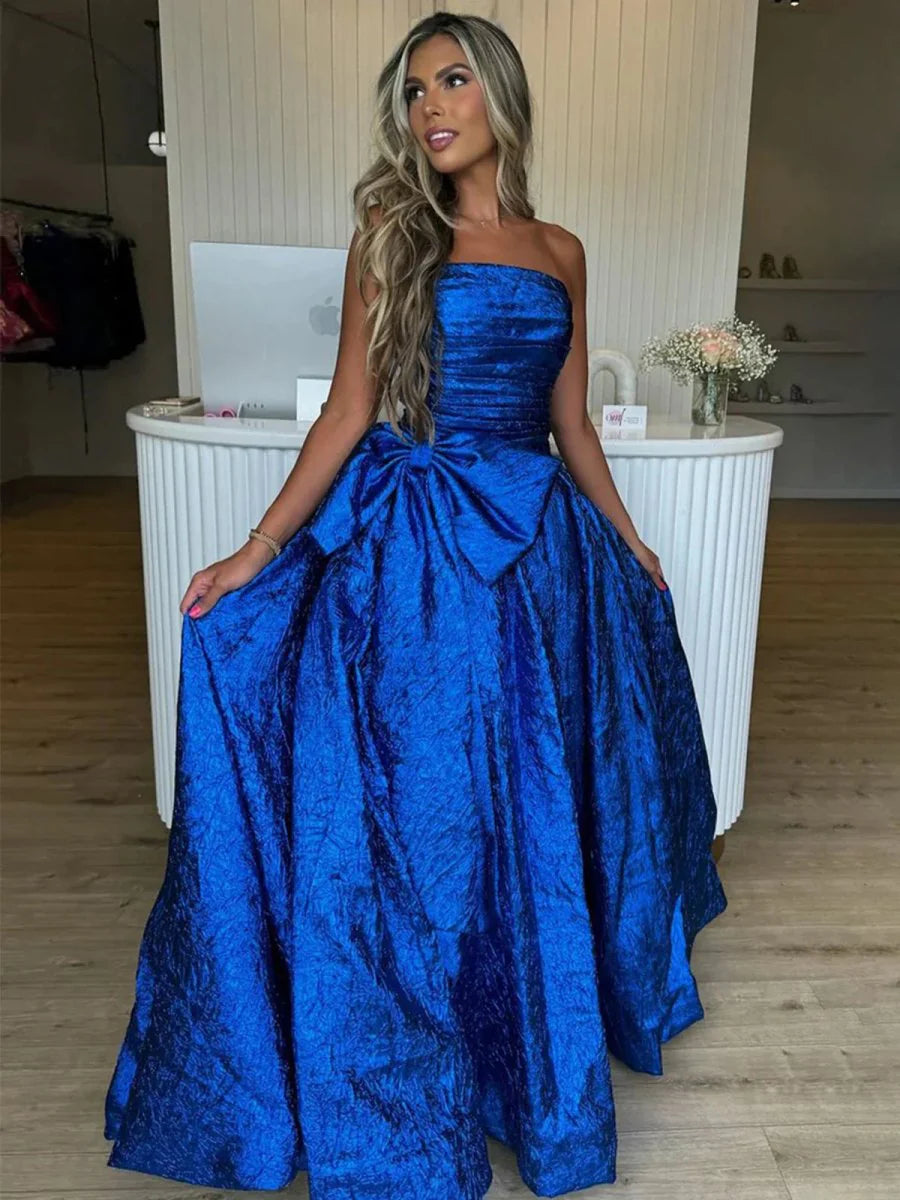 Royal Blue Strapless A-Line Lace Up Back Floor Length Long Prom Dress Homecoming Dresses With Bow