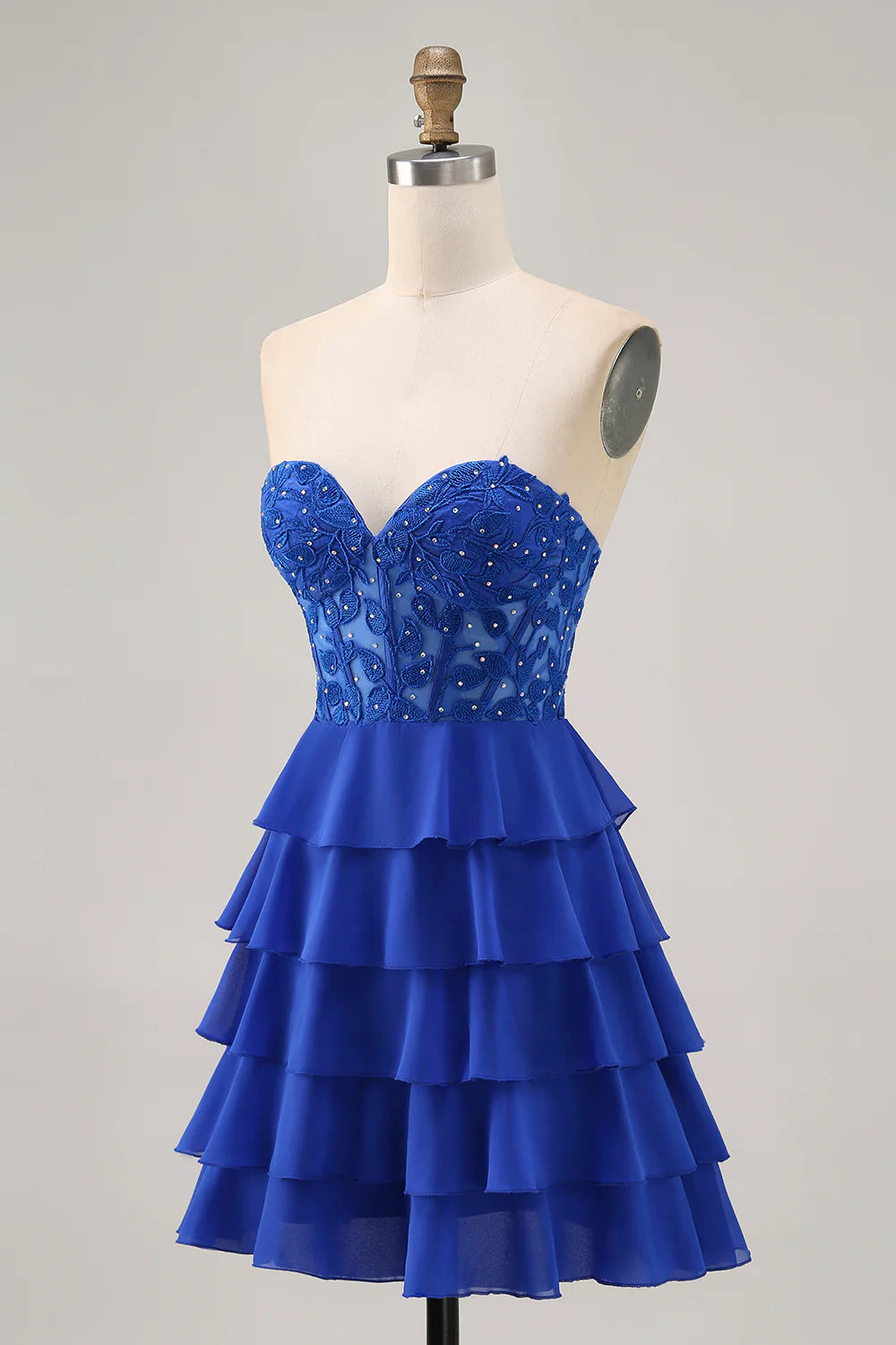 Royal Blue Strapless A-Line Tiered Corset Short Homecoming Party Dress With Beading