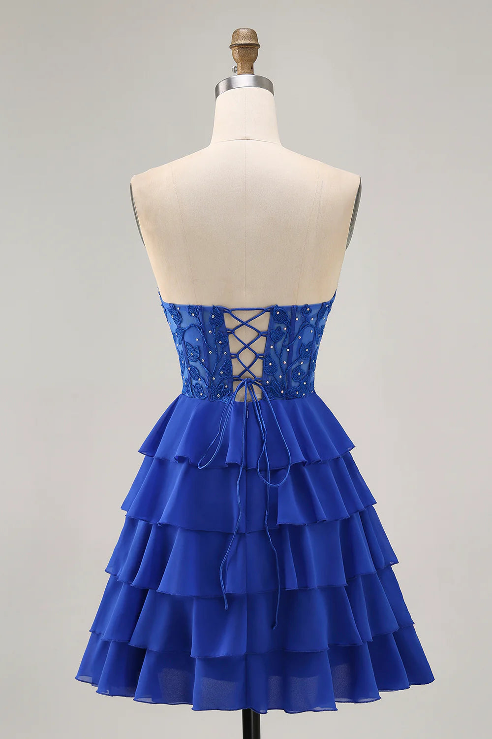 Royal Blue Strapless A-Line Tiered Corset Short Homecoming Party Dress With Beading