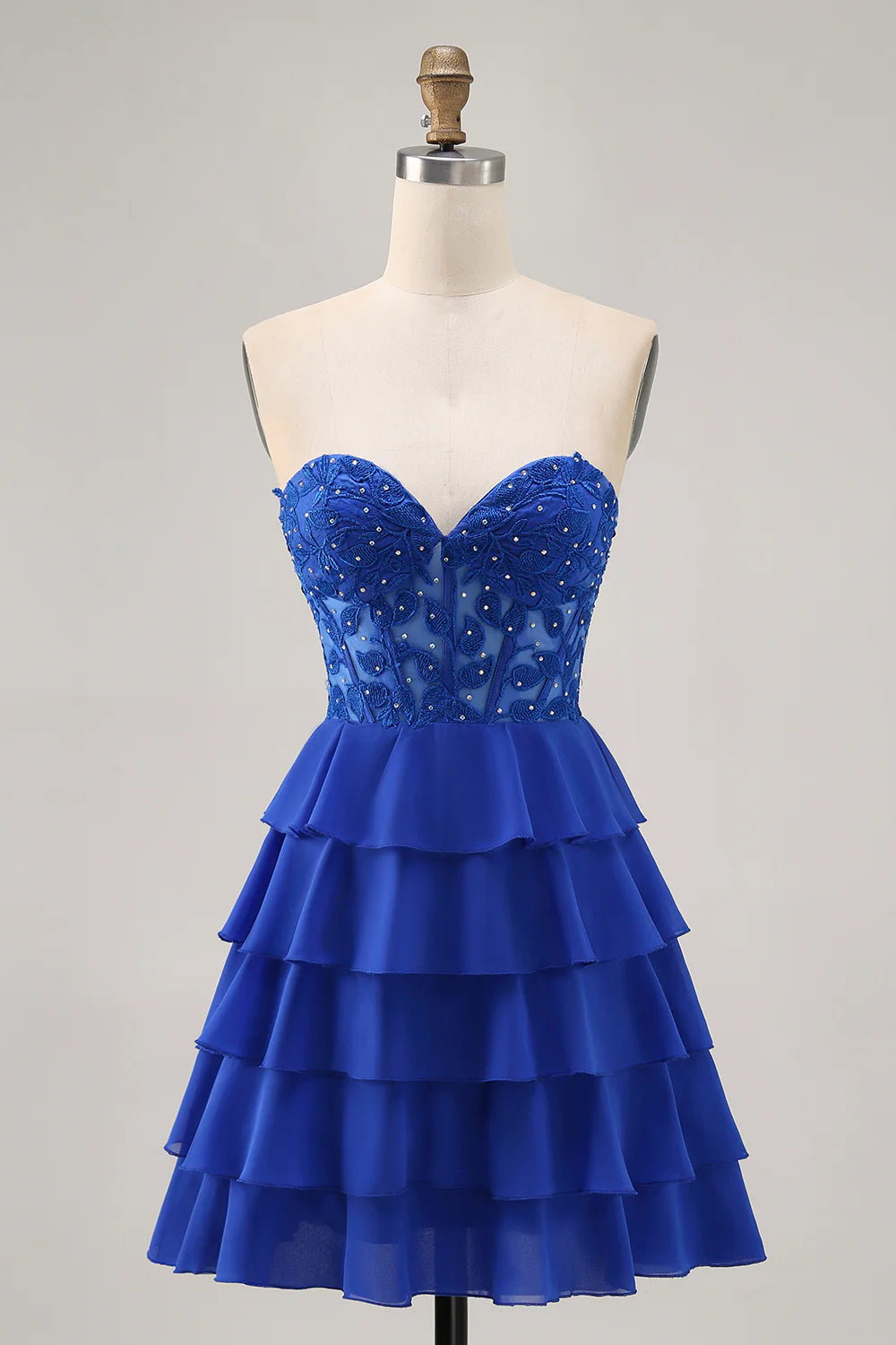 Royal Blue Strapless A-Line Tiered Corset Short Homecoming Party Dress With Beading