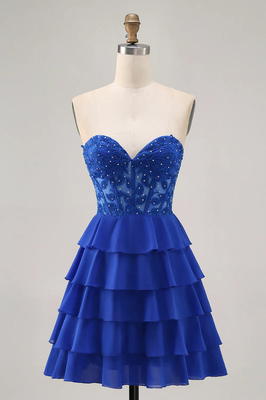 Royal Blue Strapless A-Line Tiered Corset Short Homecoming Party Dress With Beading