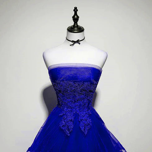 Royal Blue Tulle Lace With Applique High Low Party Dress Homecoming Dress