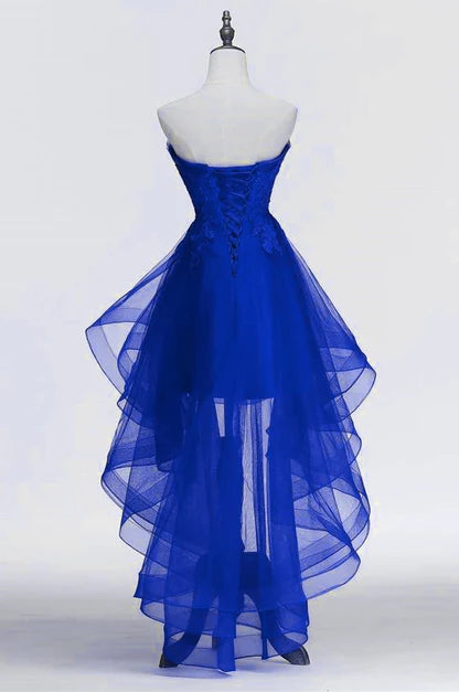 Royal Blue Tulle Lace With Applique High Low Party Dress Homecoming Dress