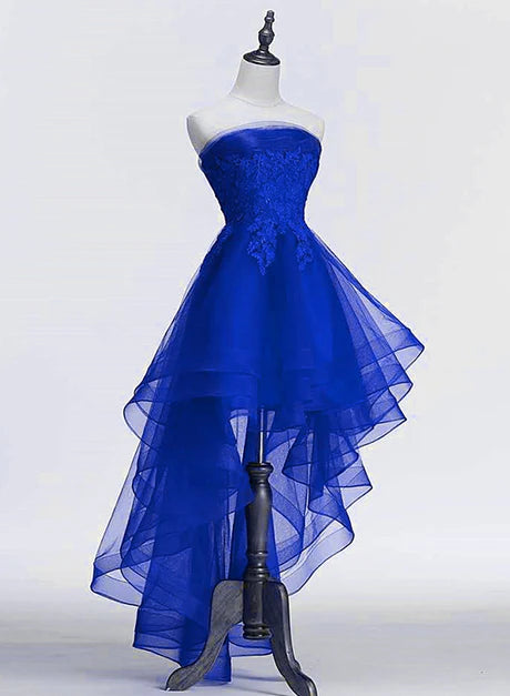 Royal Blue Tulle Lace With Applique High Low Party Dress Homecoming Dress