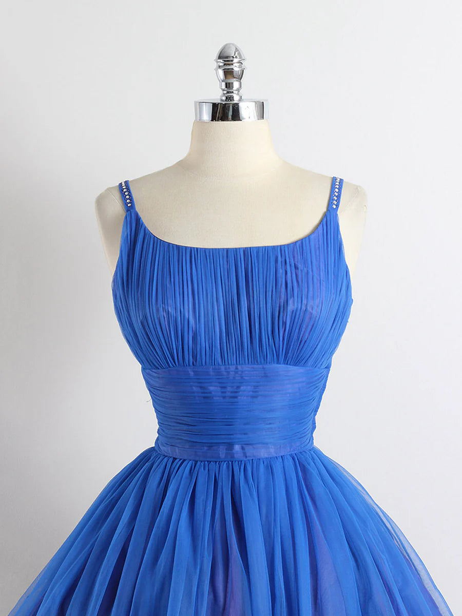 Royal Blue Tulle Pleated Spaghetti straps A-line Short Homecoming Dress Prom Dress