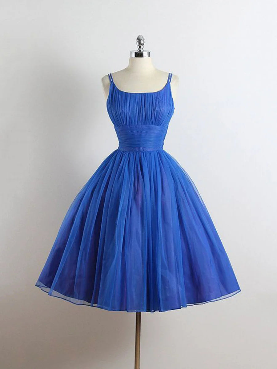 Royal Blue Tulle Pleated Spaghetti straps A-line Short Homecoming Dress Prom Dress