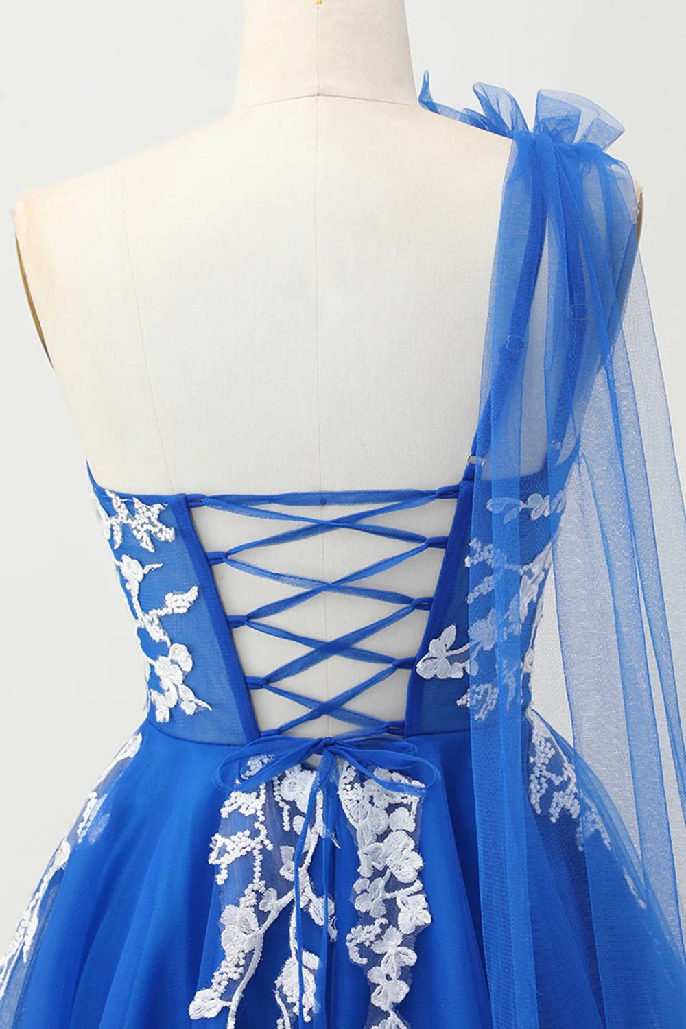 Royal Blue Tulle With Applique A-Line One Shoulder Short Lace Up Back Homecoming Dress Party Dress