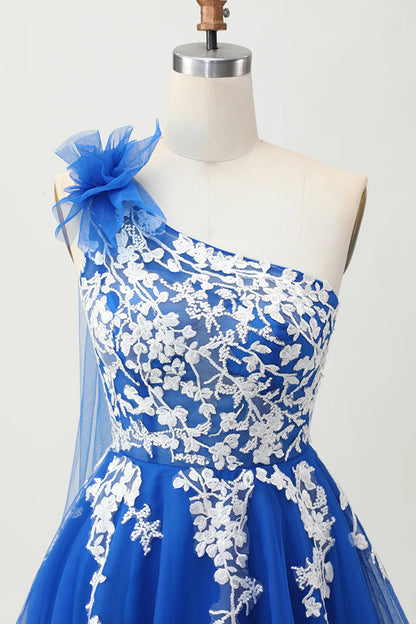 Royal Blue Tulle With Applique A-Line One Shoulder Short Lace Up Back Homecoming Dress Party Dress