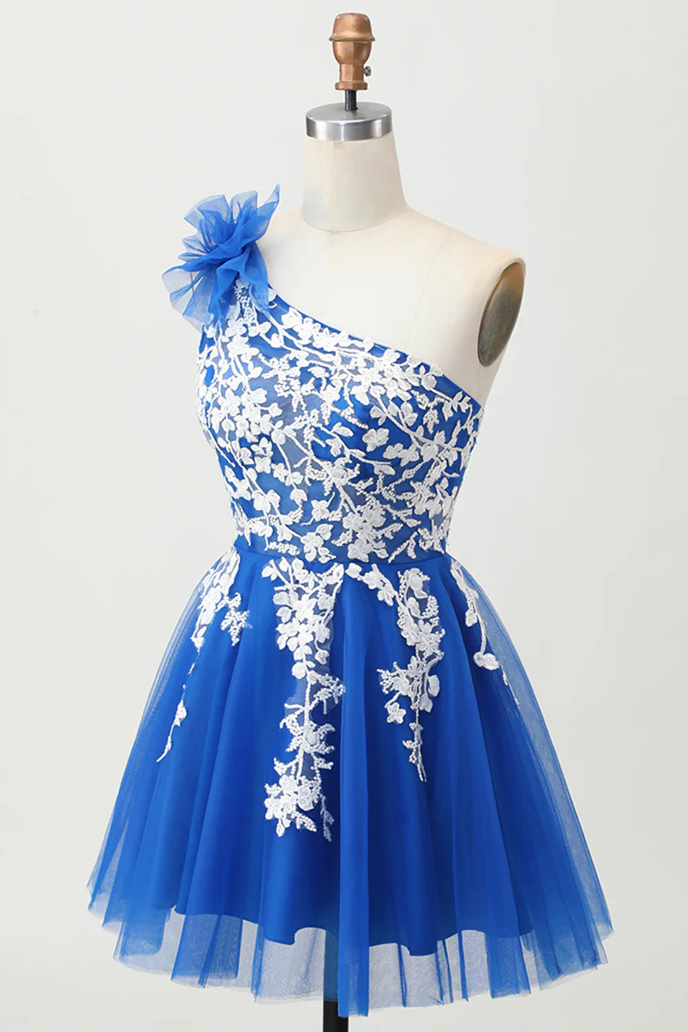 Royal Blue Tulle With Applique A-Line One Shoulder Short Lace Up Back Homecoming Dress Party Dress