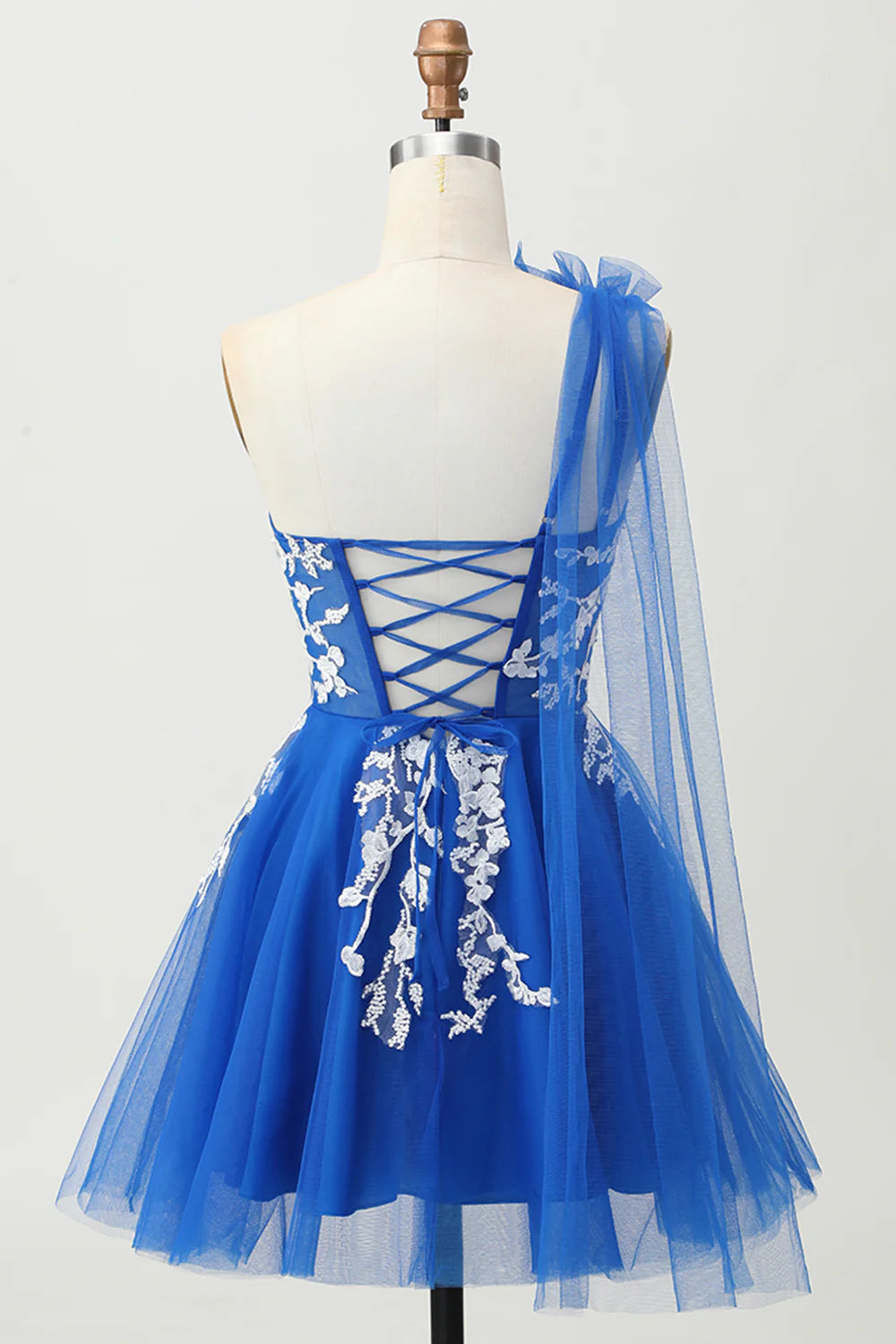 Royal Blue Tulle With Applique A-Line One Shoulder Short Lace Up Back Homecoming Dress Party Dress