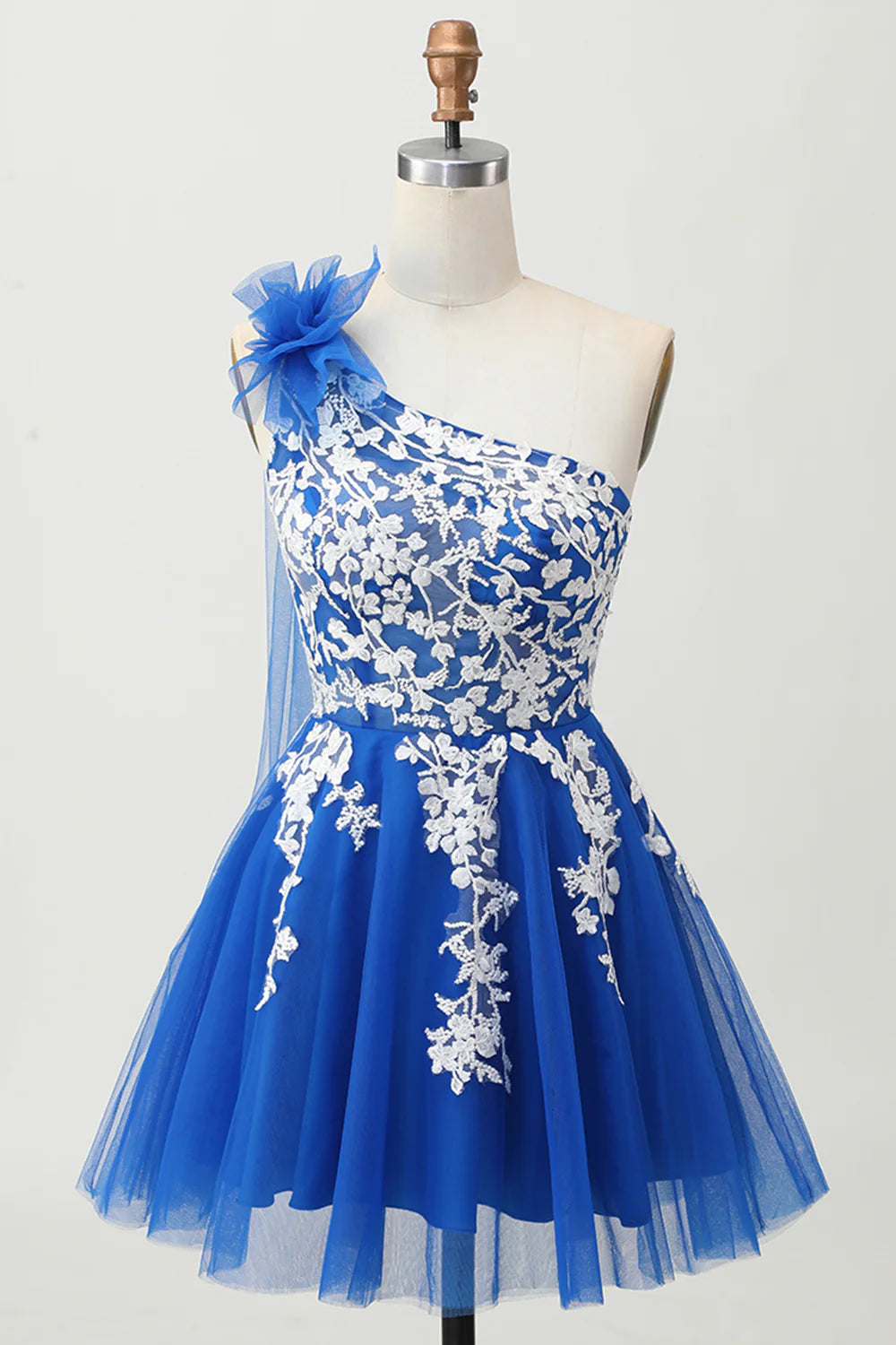 Royal Blue Tulle With Applique A-Line One Shoulder Short Lace Up Back Homecoming Dress Party Dress