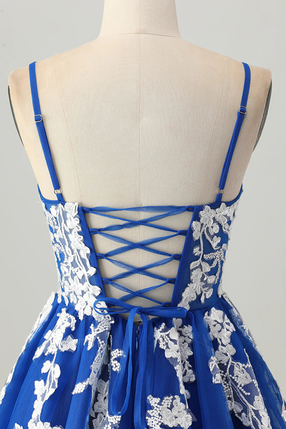 Royal Blue Tulle With Applique V Neck Spaghetti Straps A-Line Short Lace Up Back party Dress