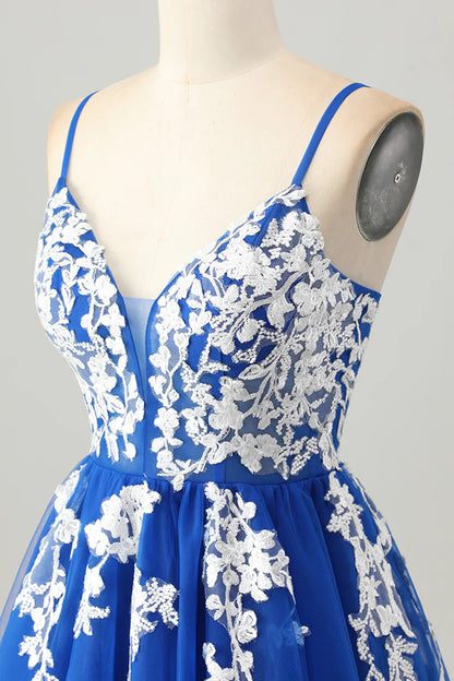 Royal Blue Tulle With Applique V Neck Spaghetti Straps A-Line Short Lace Up Back party Dress