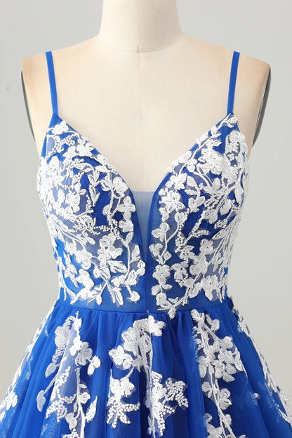 Royal Blue Tulle With Applique V Neck Spaghetti Straps A-Line Short Lace Up Back party Dress