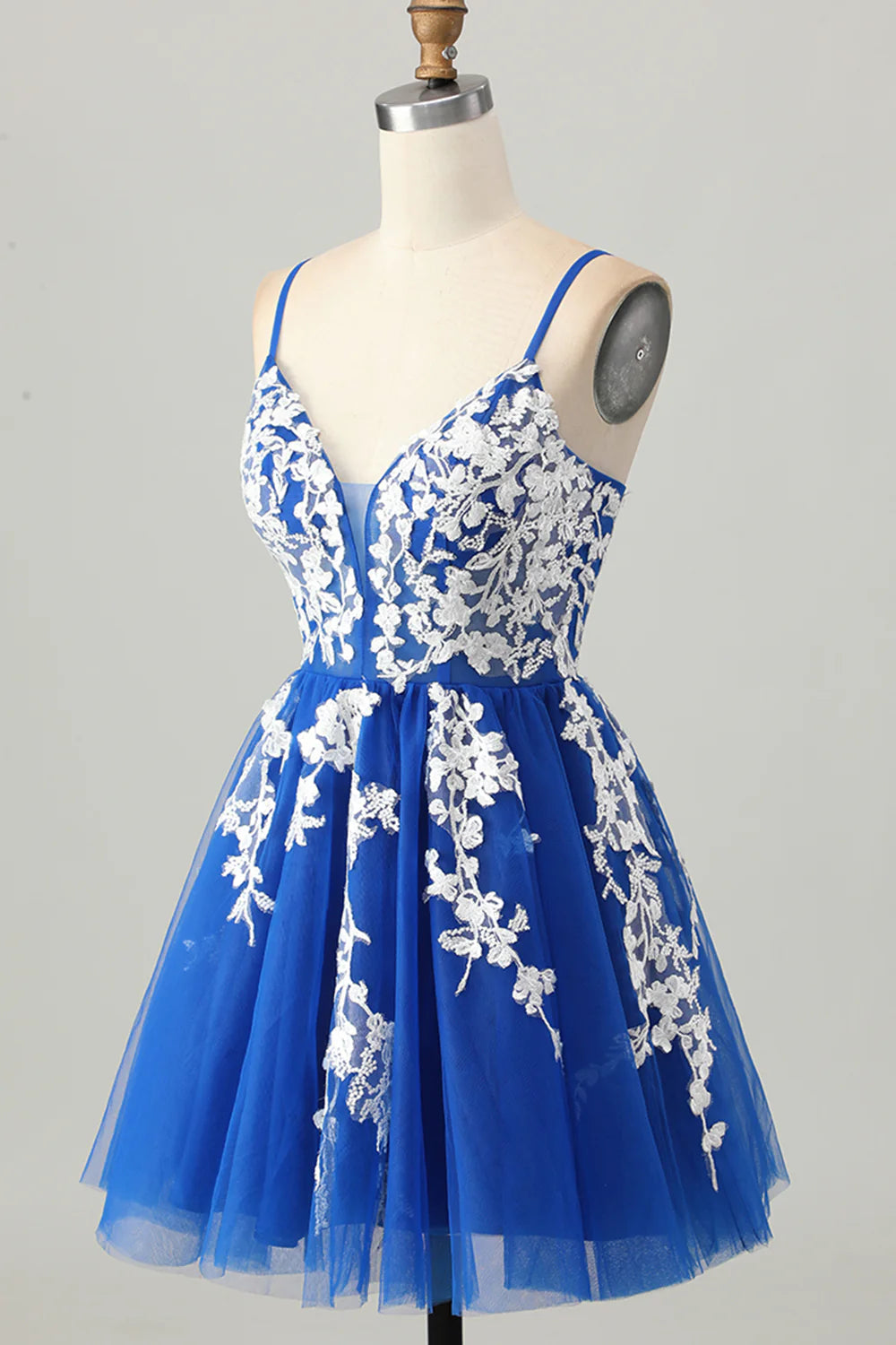 Royal Blue Tulle With Applique V Neck Spaghetti Straps A-Line Short Lace Up Back party Dress