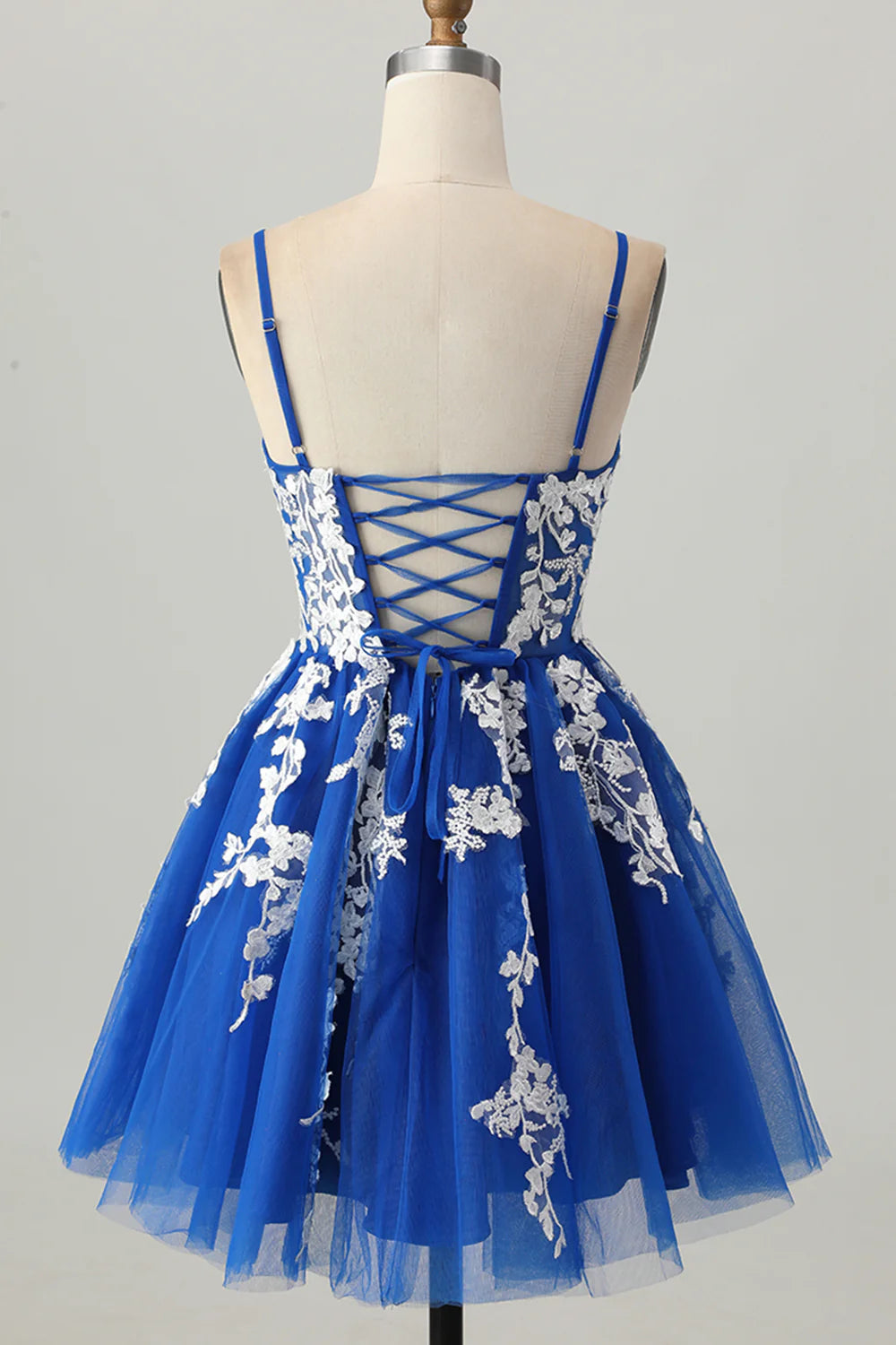 Royal Blue Tulle With Applique V Neck Spaghetti Straps A-Line Short Lace Up Back party Dress