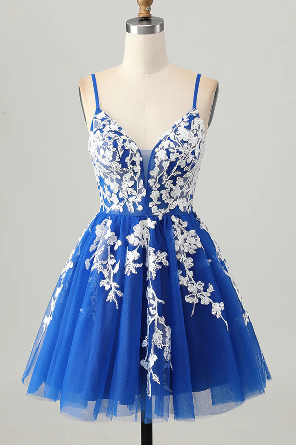 Royal Blue Tulle With Applique V Neck Spaghetti Straps A-Line Short Lace Up Back party Dress