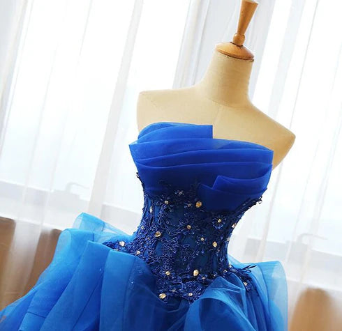 Royal Blue Tulle with Applique Off Shoulder Knee Length Party Dress Prom Dress