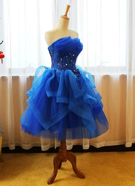 Royal Blue Tulle with Applique Off Shoulder Knee Length Party Dress Prom Dress