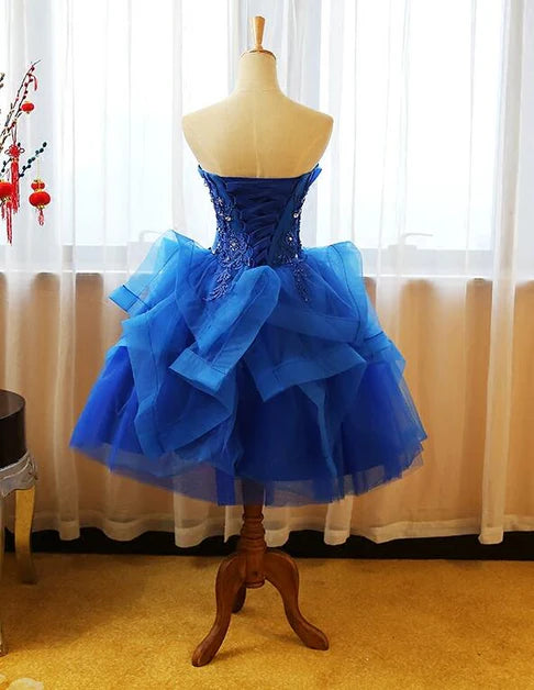 Royal Blue Tulle with Applique Off Shoulder Knee Length Party Dress Prom Dress