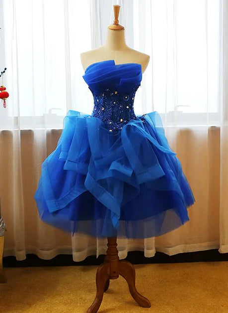 Royal Blue Tulle with Applique Off Shoulder Knee Length Party Dress Prom Dress