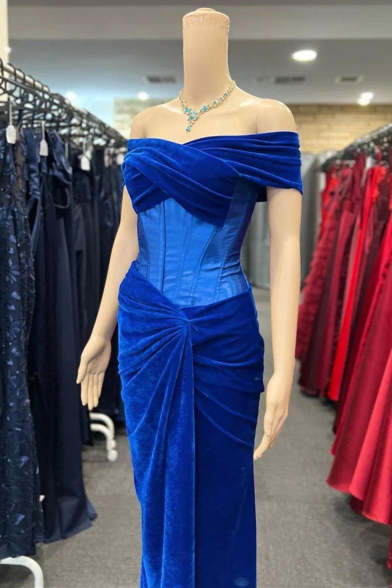 Royal Blue Velvet Off-the-Shoulder Twist-Knot Lace-Up Waist Sheath Evening Dress Formal Gown