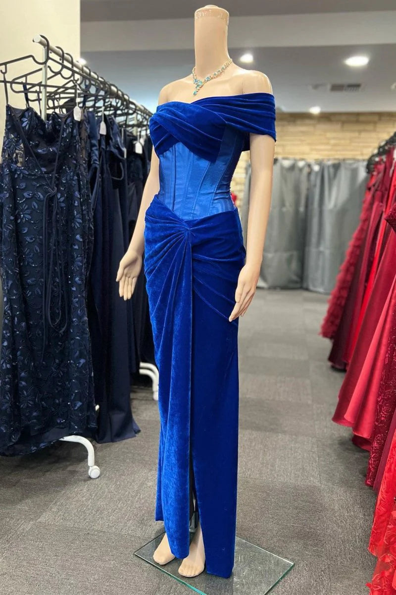 Royal Blue Velvet Off-the-Shoulder Twist-Knot Lace-Up Waist Sheath Evening Dress Formal Gown