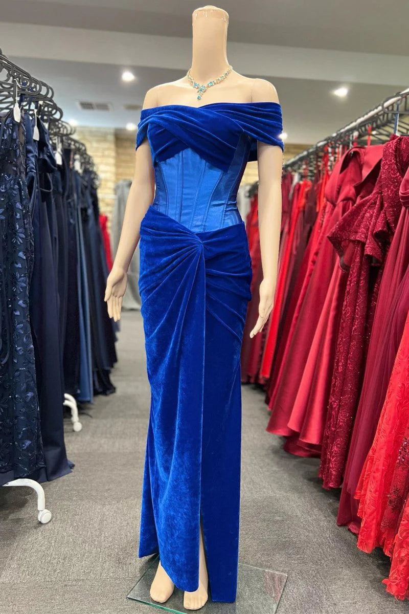 Royal Blue Velvet Off-the-Shoulder Twist-Knot Lace-Up Waist Sheath Evening Dress Formal Gown