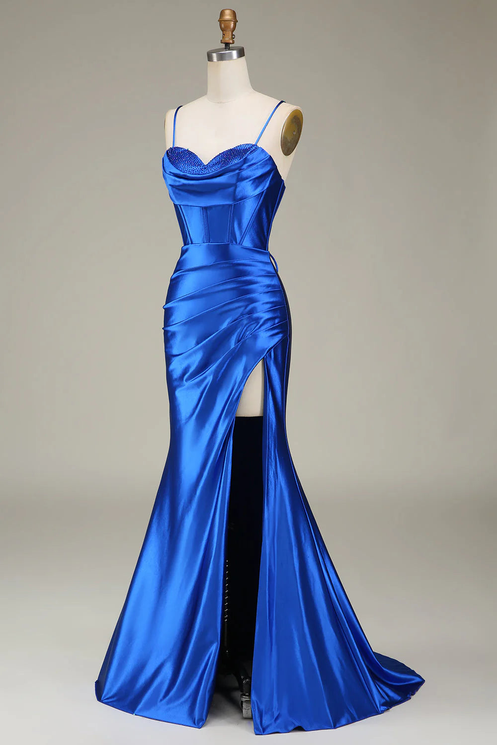 Royal Pleated Spaghetti Straps Sweetheart Neck Mermaid Corset Long Prom Dress With Slit