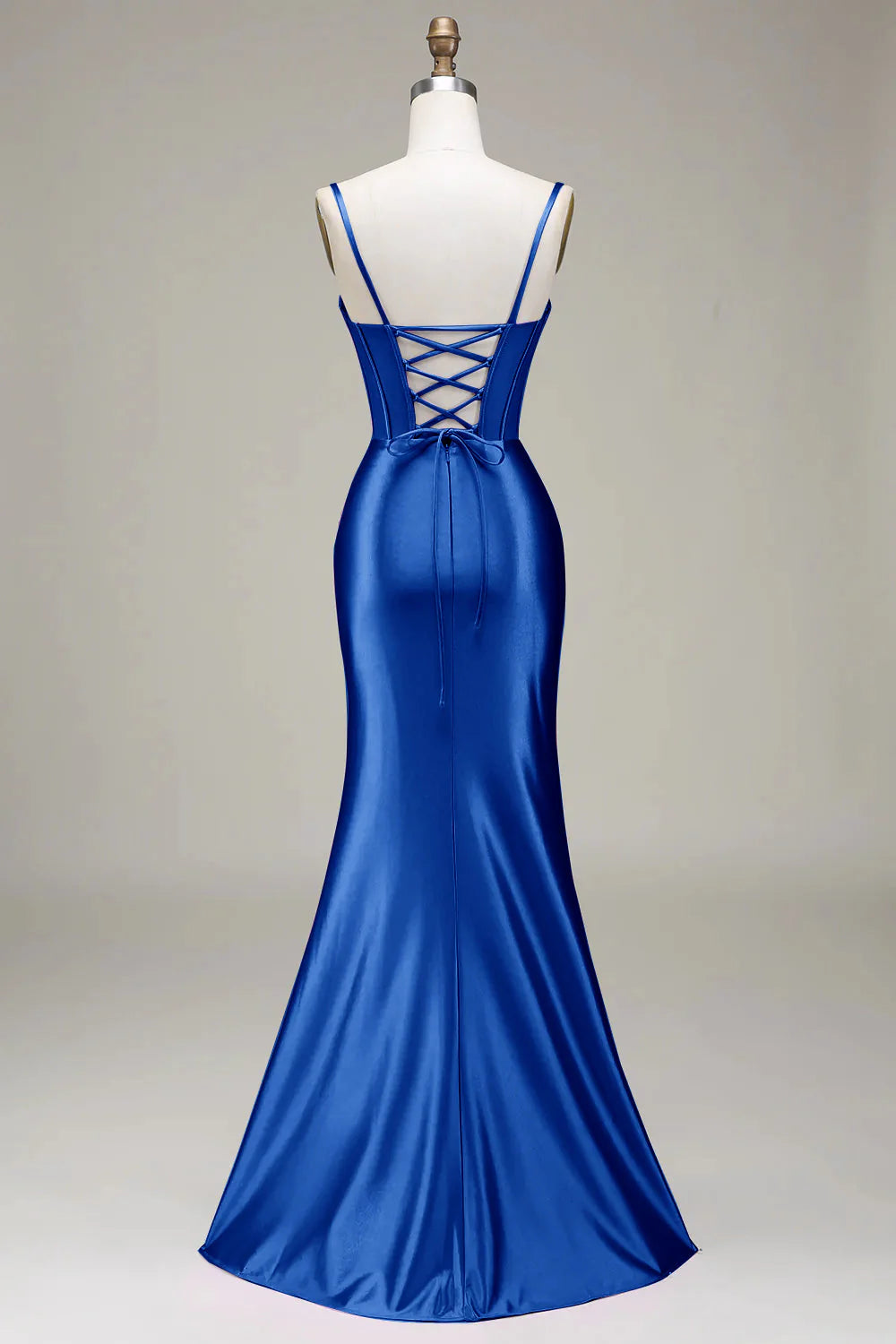 Royal Pleated Spaghetti Straps Sweetheart Neck Mermaid Corset Long Prom Dress With Slit