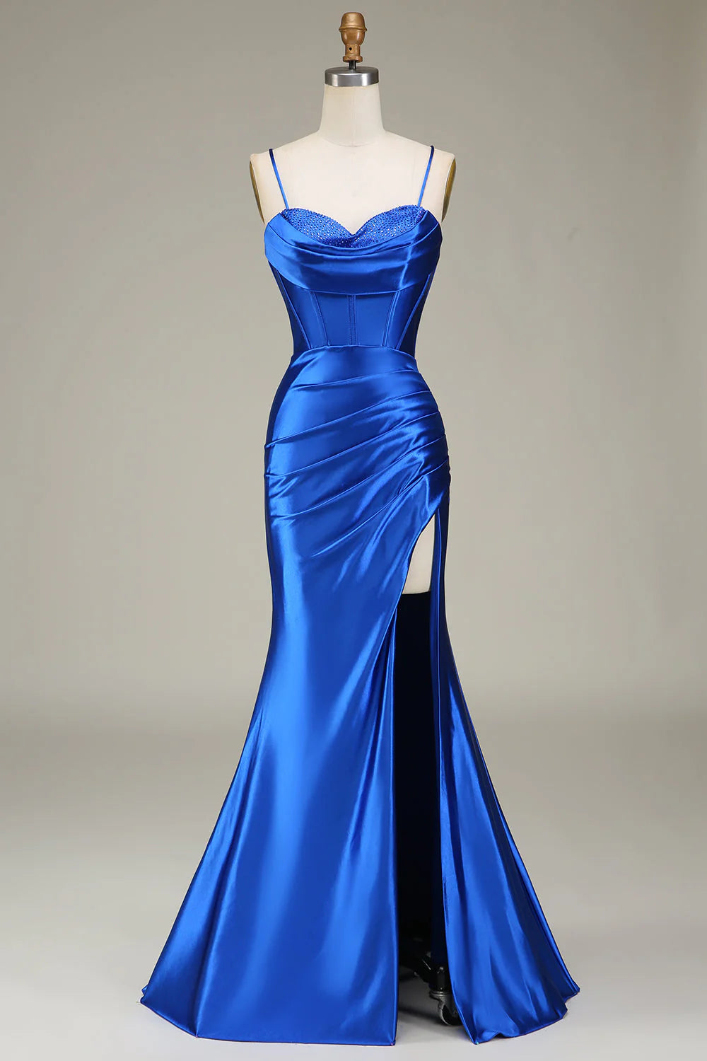 Royal Pleated Spaghetti Straps Sweetheart Neck Mermaid Corset Long Prom Dress With Slit