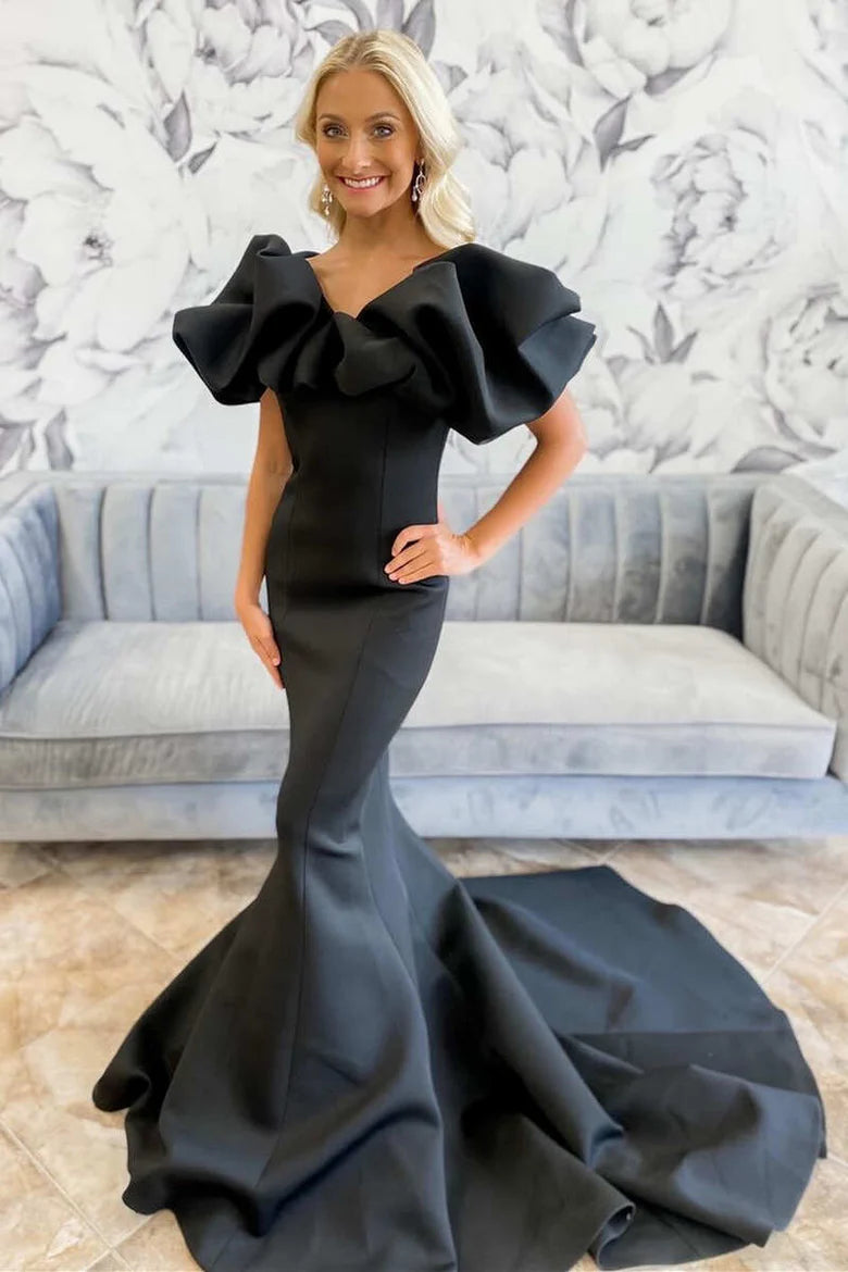 Black Ruffled off-the-shoulder Mermaid Floor Length Evening Dress