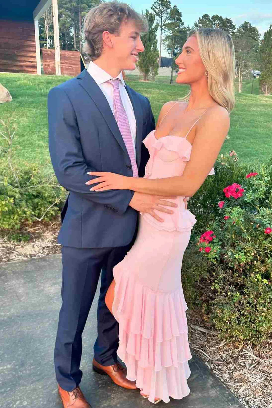 Ruffles Chiffon Sheath Formal Spaghetti Straps Prom Dress with Slit