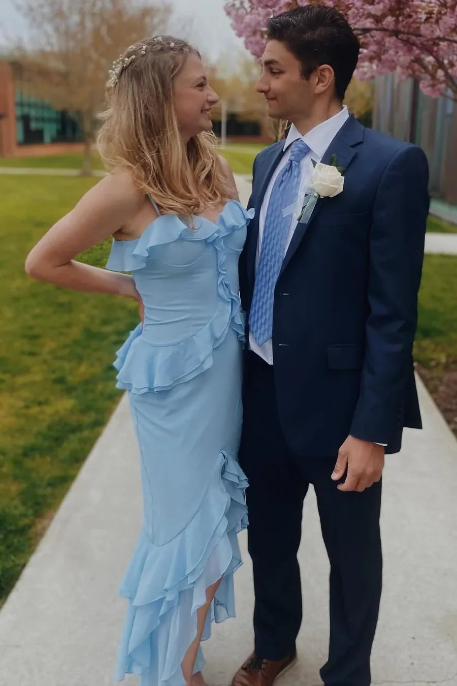 Ruffles Chiffon Sheath Formal Spaghetti Straps Prom Dress with Slit