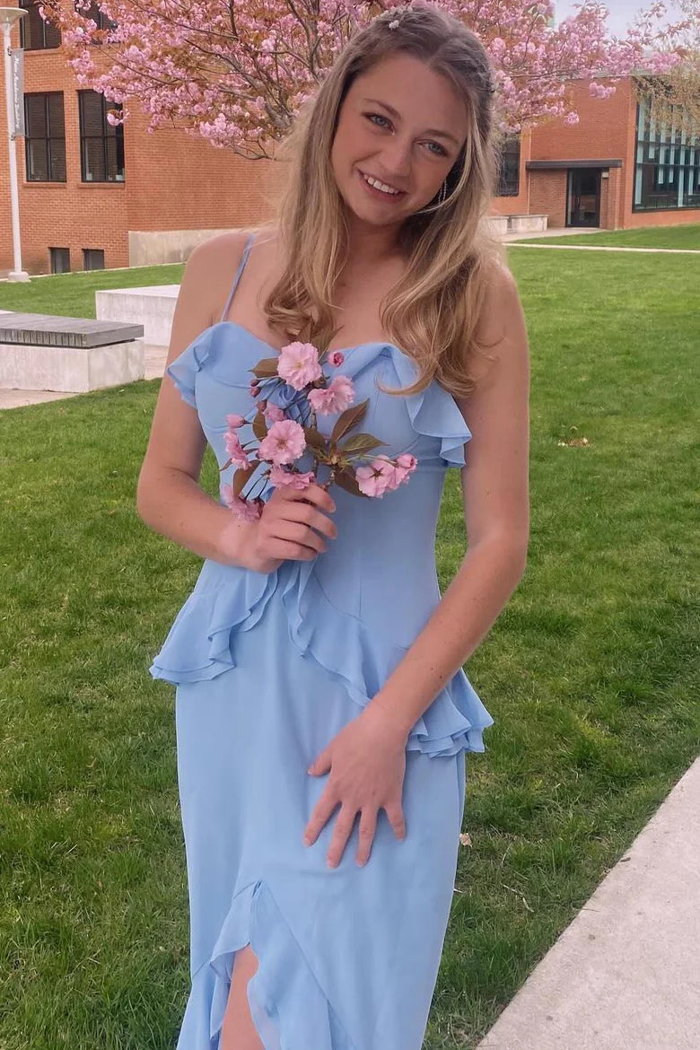 Ruffles Chiffon Sheath Formal Spaghetti Straps Prom Dress with Slit