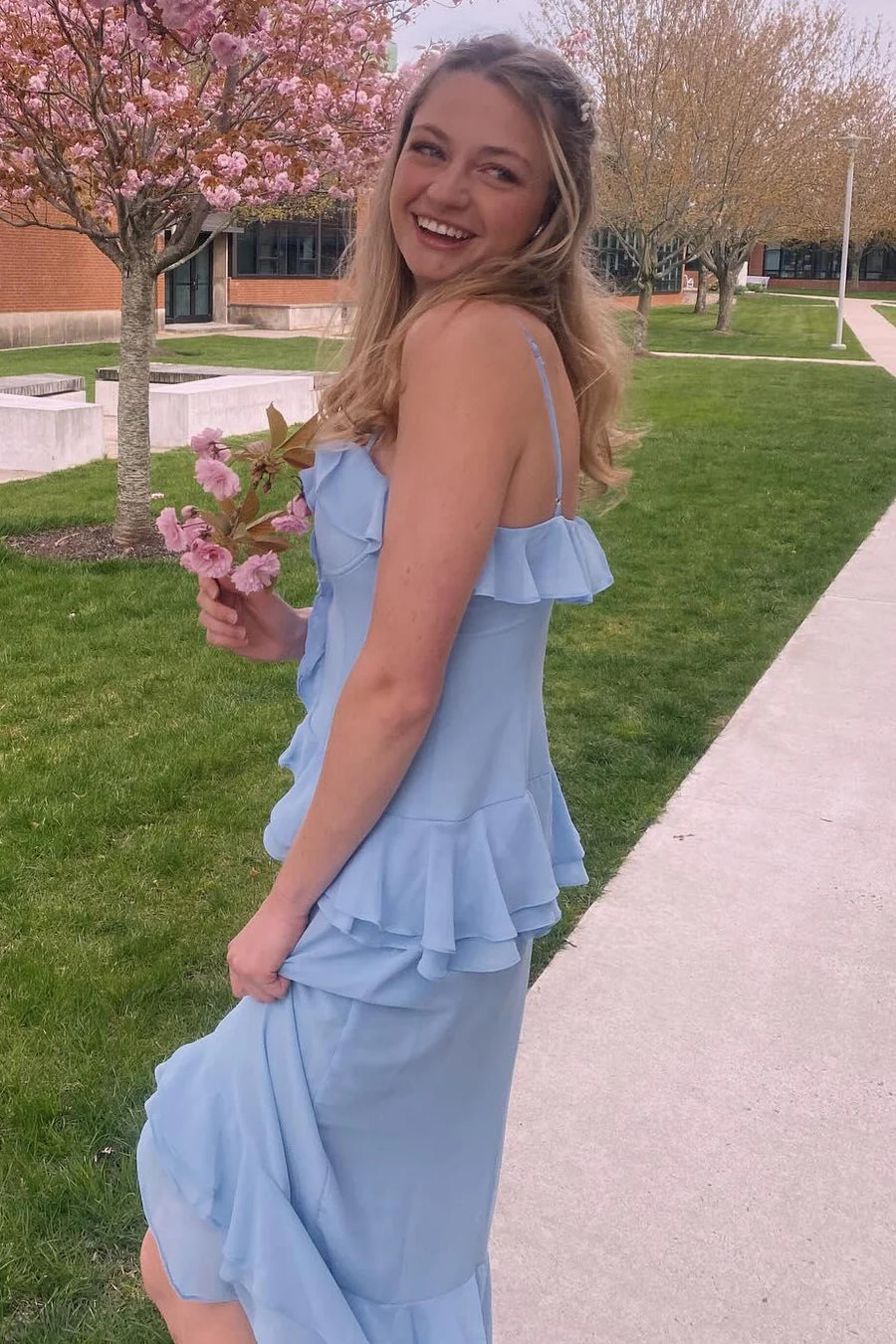 Ruffles Chiffon Sheath Formal Spaghetti Straps Prom Dress with Slit