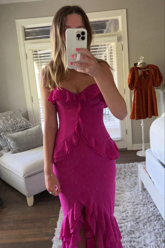 Ruffles Chiffon Sheath Formal Spaghetti Straps Prom Dress with Slit