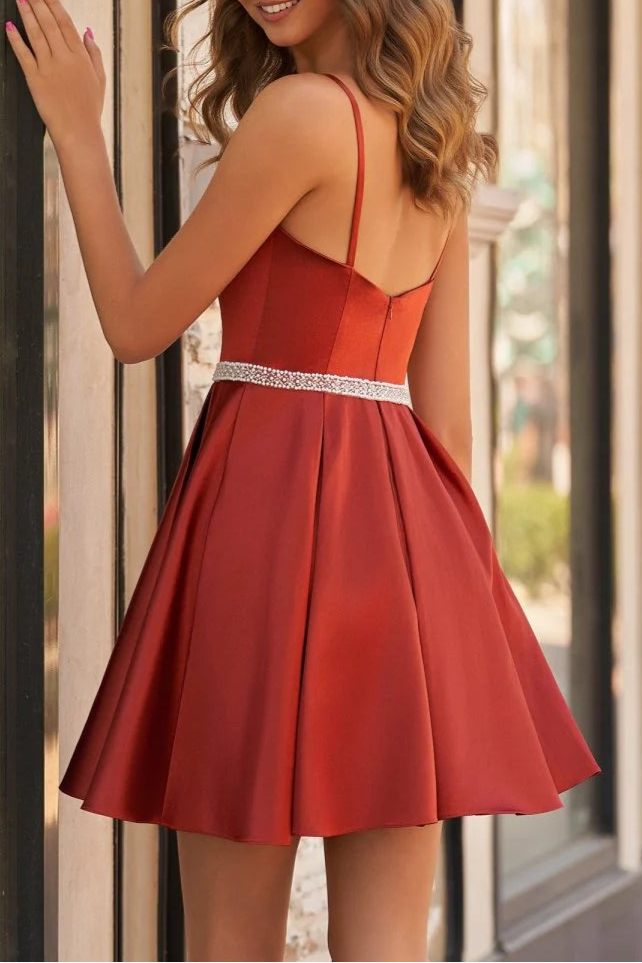 Rust Satin With Beaded A Line V Neck Spaghetti Straps Ruffle Short Homecoming Dresses