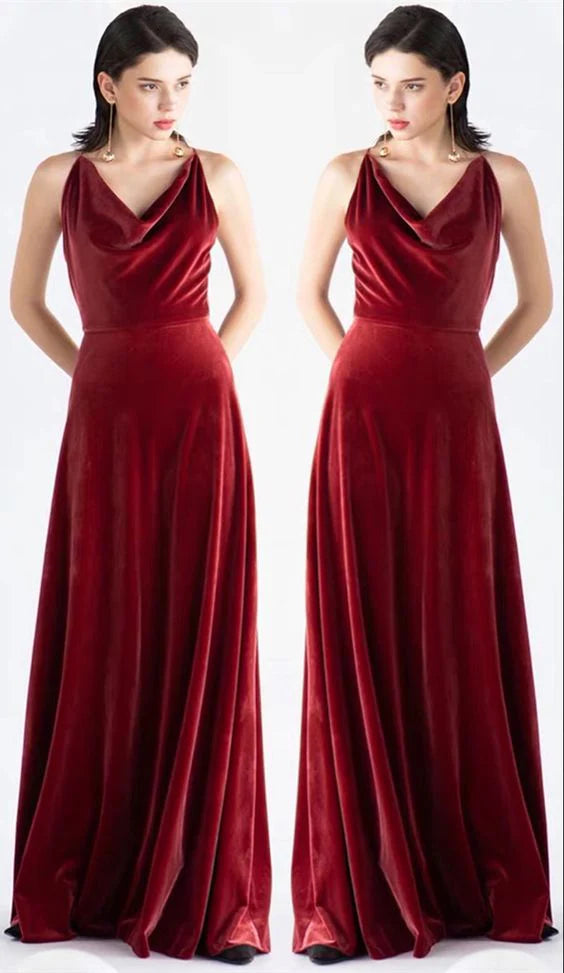 Rusty Velvet Drape V-Neck Spaghetti Strap Floor-Mounting Long Bridesmaid Dress Ball Gown