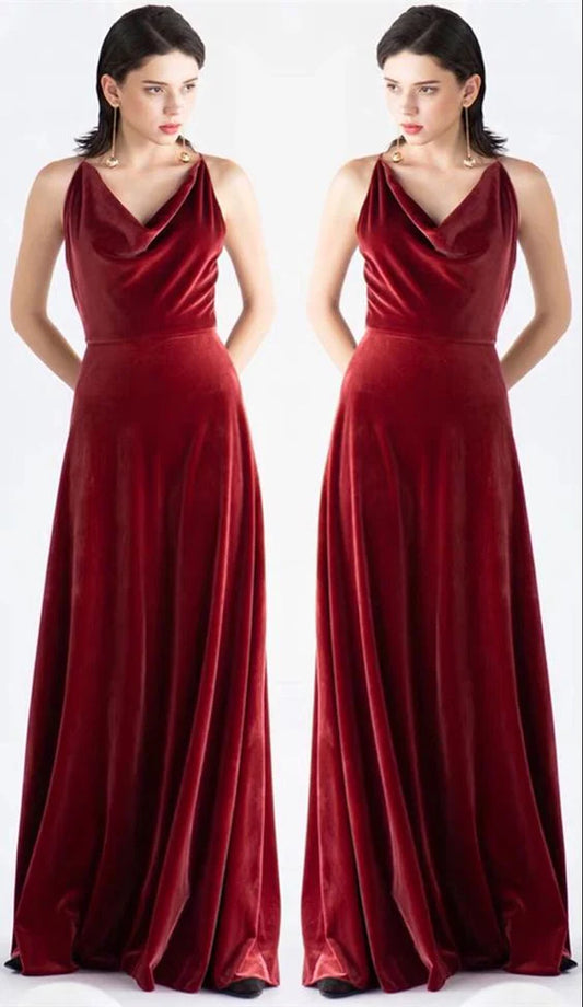 Rusty Velvet Drape V-Neck Spaghetti Strap Floor-Mounting Long Bridesmaid Dress Ball Gown
