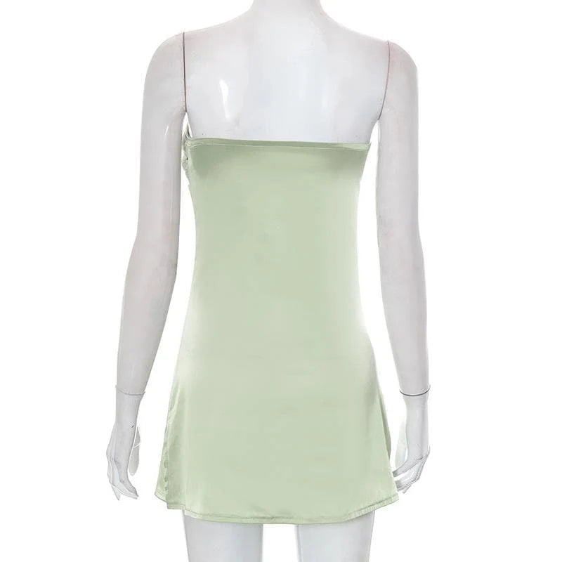Side view of the sage green strapless mini dress, showing the A-line silhouette.