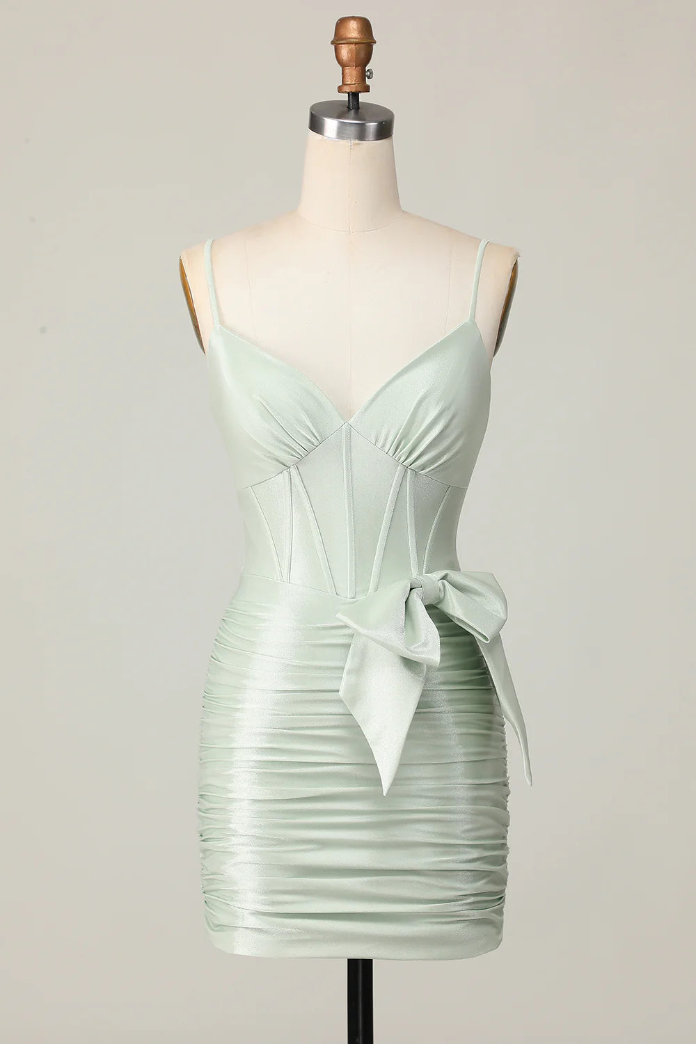 Sage Green Bodycon Corset V Neck Spaghetti Straps Homecoming Dress With Bow