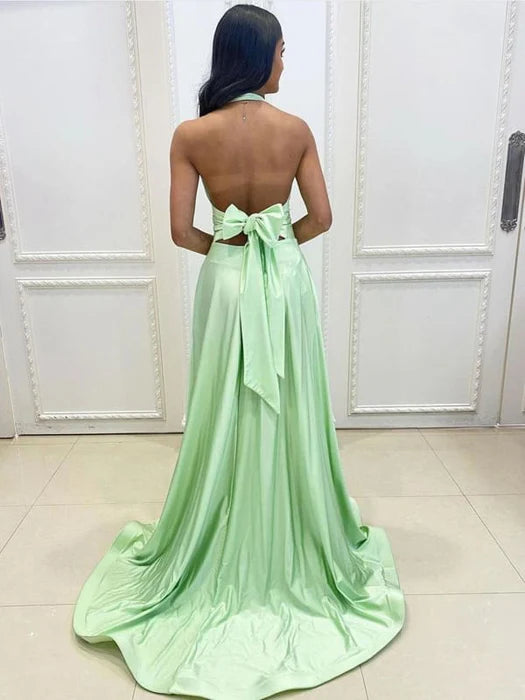 Sage Green Halter V Neck Backless Long Prom Dresses Floor Length Bridesmaid Dresses With High Slit