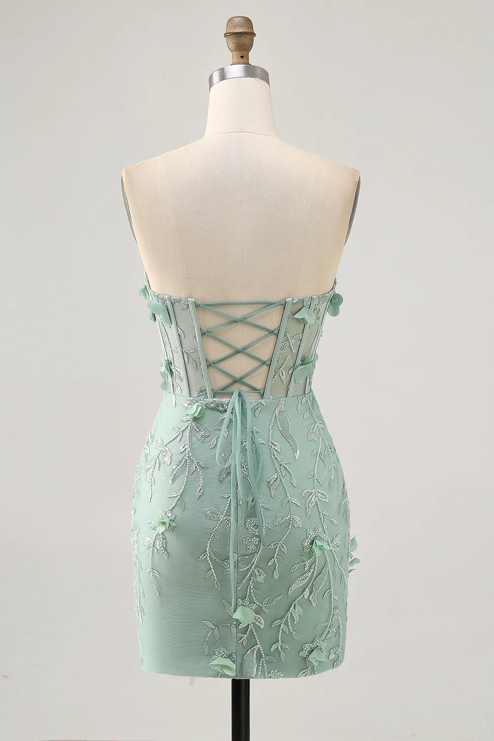 Sage Green Lace Beaded Strapless Sweetheart Neck Corset Appliques Short Homecoming Dress