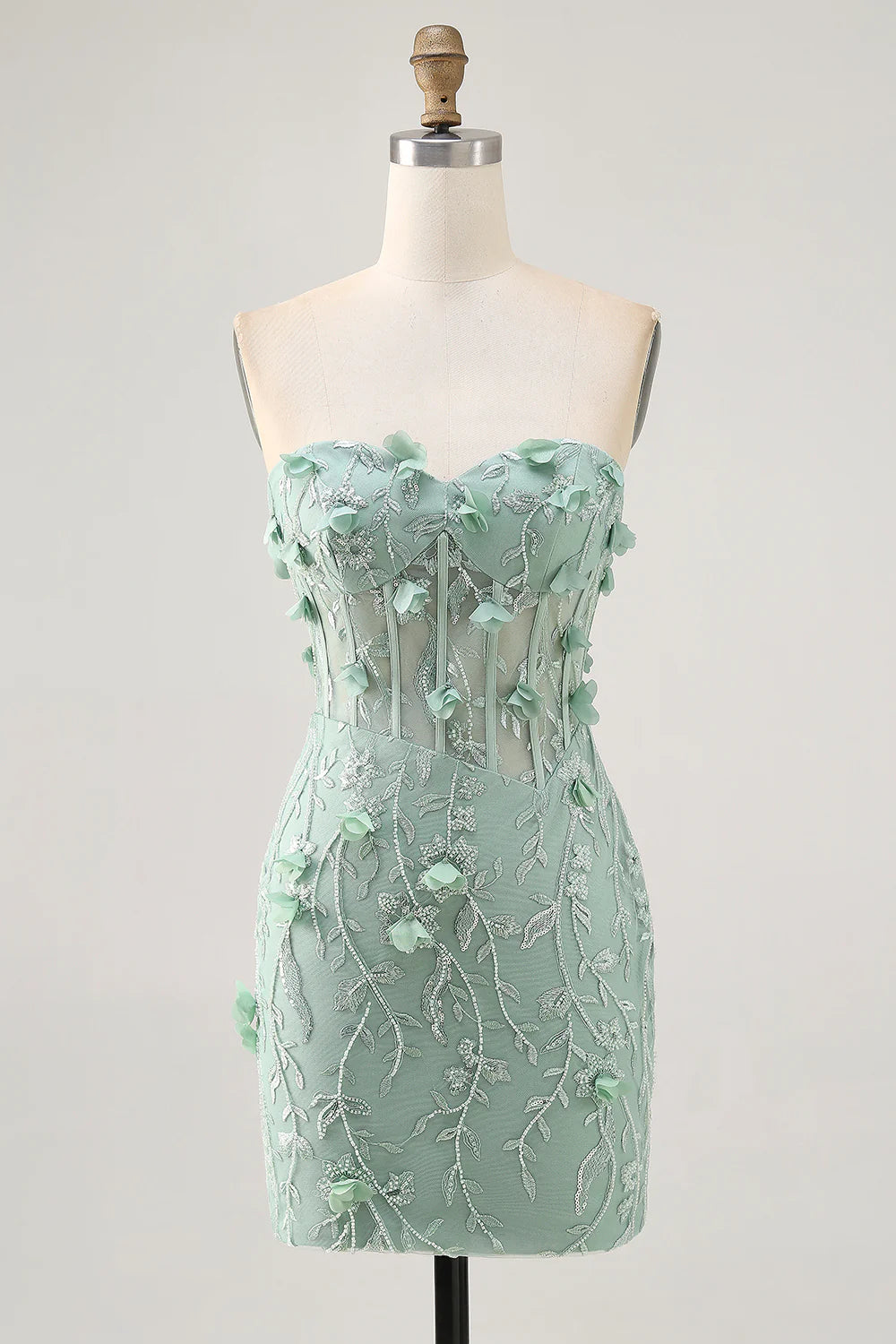Sage Green Lace Beaded Strapless Sweetheart Neck Corset Appliques Short Homecoming Dress