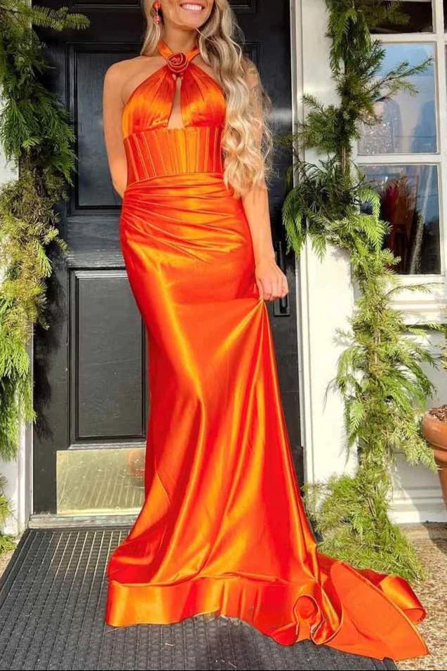 Sage Green Mermaid Halter Cut Out Corset Long Evening Dress Prom Dress With Rosette