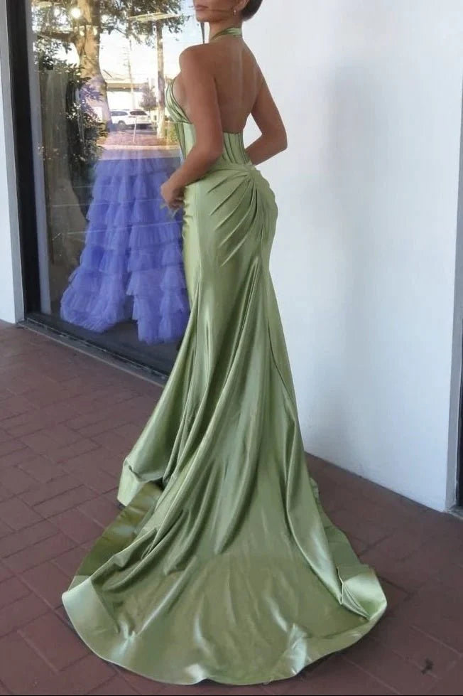 Sage Green Mermaid Halter Cut Out Corset Long Evening Dress Prom Dress With Rosette