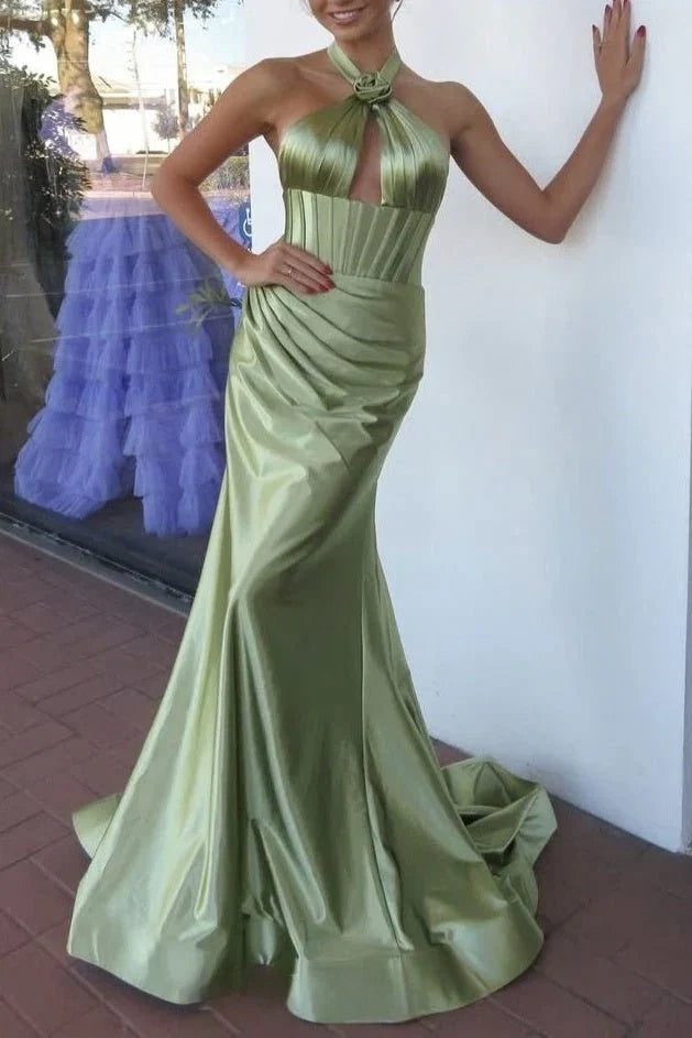 Sage Green Mermaid Halter Cut Out Corset Long Evening Dress Prom Dress With Rosette