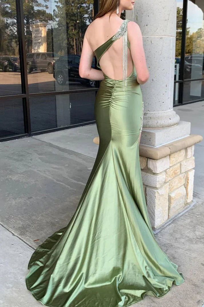 Sage Green Satin Beaded Mermaid One Shoulder Slit Long Prom Dress Evening Dress With Train