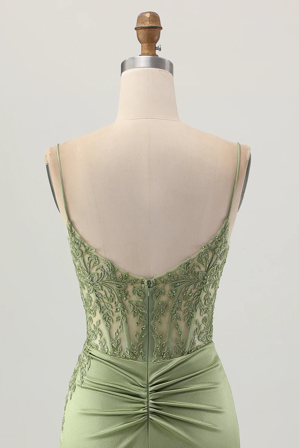 Sage Green Satin Floral Lace Corset Tight Slit Short Homecoming Dress With Lace-Up Back
